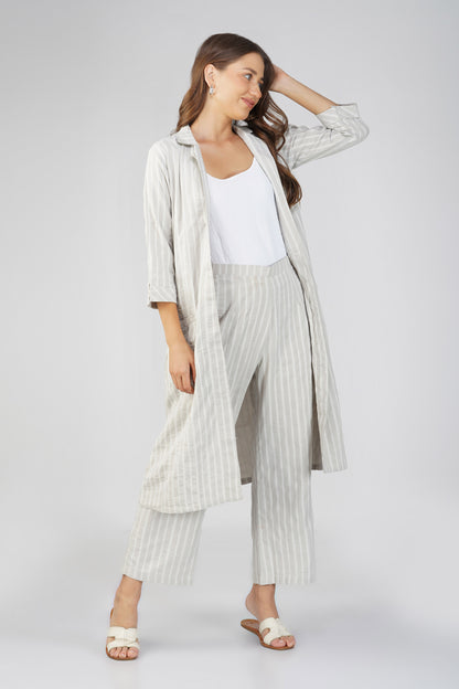 Raahi Light Grey Jacket Co-ord Set – 3-Piece with Spaghetti Top & Striped Flared Pants