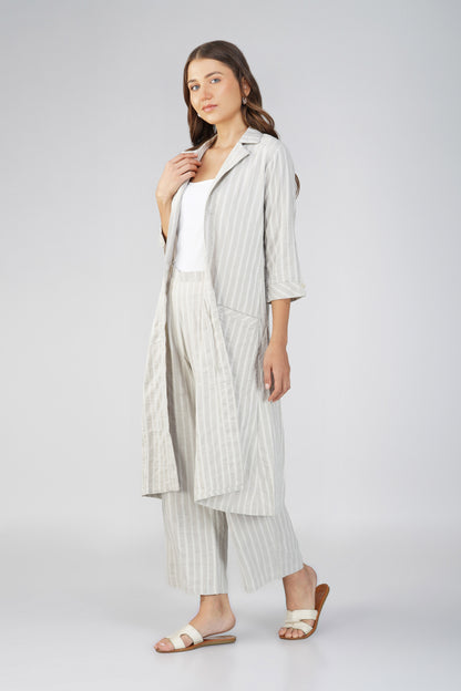 Raahi Light Grey Jacket Co-ord Set – 3-Piece with Spaghetti Top & Striped Flared Pants