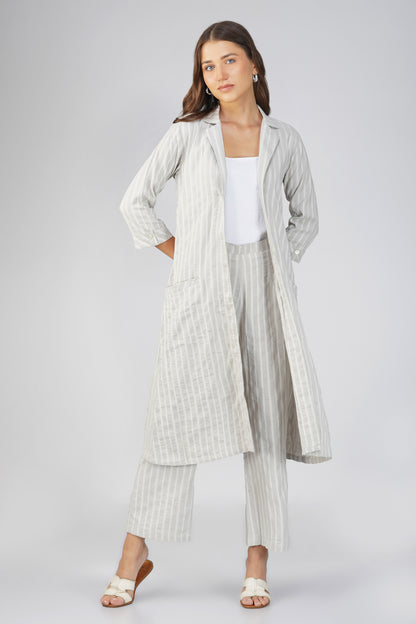 Raahi Light Grey Jacket Co-ord Set – 3-Piece with Spaghetti Top & Striped Flared Pants
