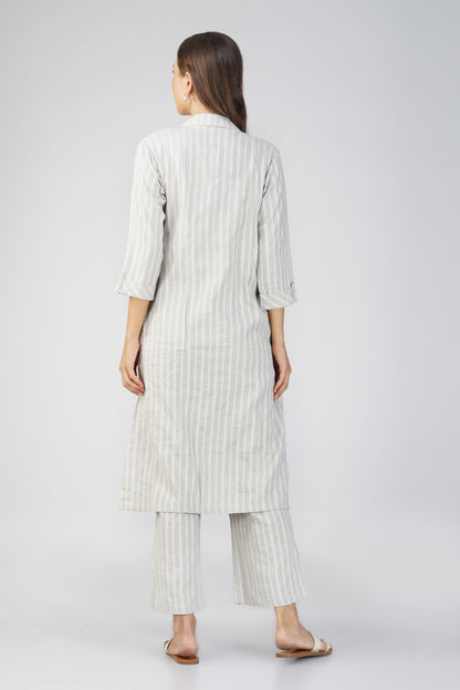 Raahi Light Grey Jacket Co-ord Set – 3-Piece with Spaghetti Top & Striped Flared Pants