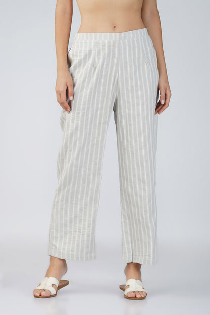 Raahi Light Grey Jacket Co-ord Set – 3-Piece with Spaghetti Top & Striped Flared Pants