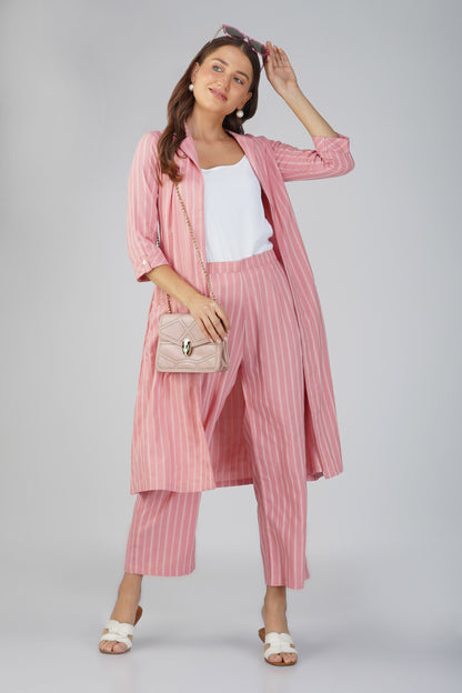 Raahi Blush Peach Jacket Co-ord Set – 3-Piece with Spaghetti Top & Striped Flared Pants