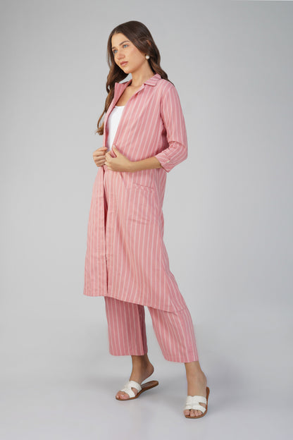 Raahi Blush Peach Jacket Co-ord Set – 3-Piece with Spaghetti Top & Striped Flared Pants