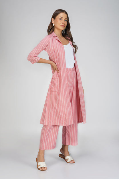 Raahi Blush Peach Jacket Co-ord Set – 3-Piece with Spaghetti Top & Striped Flared Pants