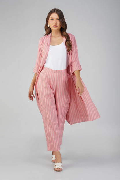 Raahi Blush Peach Jacket Co-ord Set – 3-Piece with Spaghetti Top & Striped Flared Pants