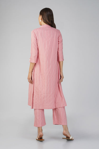 Raahi Blush Peach Jacket Co-ord Set – 3-Piece with Spaghetti Top & Striped Flared Pants