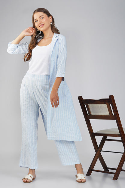 Raahi Light Blue Jacket Co-ord Set – 3-Piece with Spaghetti Top & Striped Flared Pants