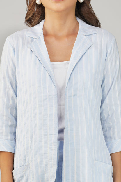 Raahi Light Blue Jacket Co-ord Set – 3-Piece with Spaghetti Top & Striped Flared Pants
