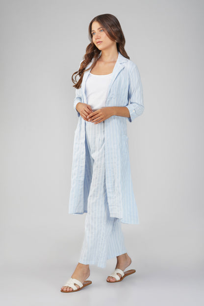 Raahi Light Blue Jacket Co-ord Set – 3-Piece with Spaghetti Top & Striped Flared Pants