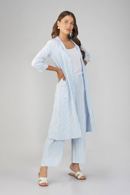 Raahi Light Blue Jacket Co-ord Set – 3-Piece with Spaghetti Top & Striped Flared Pants