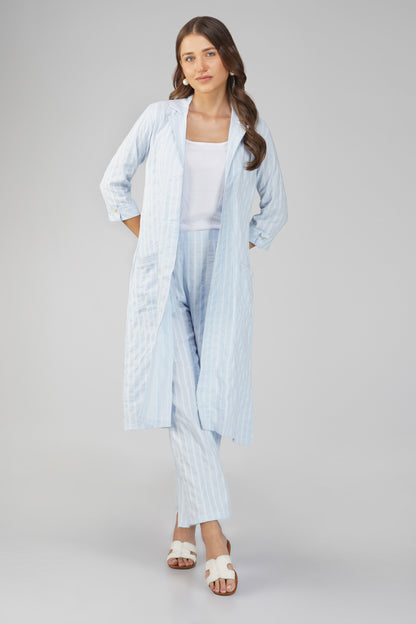 Raahi Light Blue Jacket Co-ord Set – 3-Piece with Spaghetti Top & Striped Flared Pants