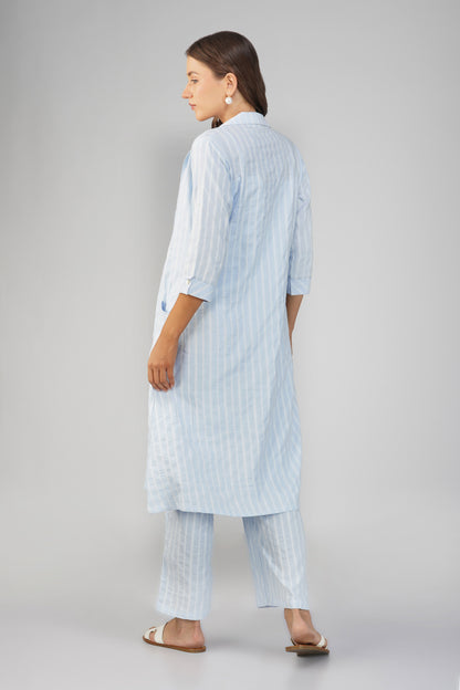 Raahi Light Blue Jacket Co-ord Set – 3-Piece with Spaghetti Top & Striped Flared Pants