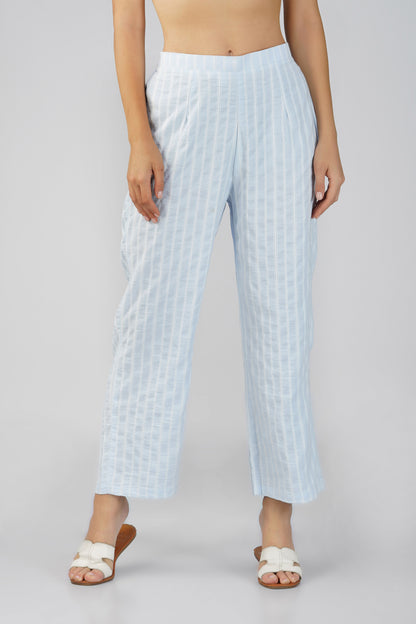 Raahi Light Blue Jacket Co-ord Set – 3-Piece with Spaghetti Top & Striped Flared Pants