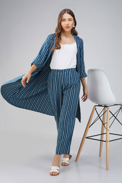 Raahi Dark Blue Jacket Co-ord Set – 3-Piece with Spaghetti Top & Flared Pants