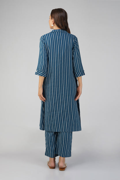 Raahi Dark Blue Jacket Co-ord Set – 3-Piece with Spaghetti Top & Flared Pants