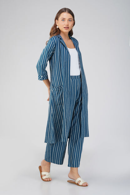 Raahi Dark Blue Jacket Co-ord Set – 3-Piece with Spaghetti Top & Flared Pants