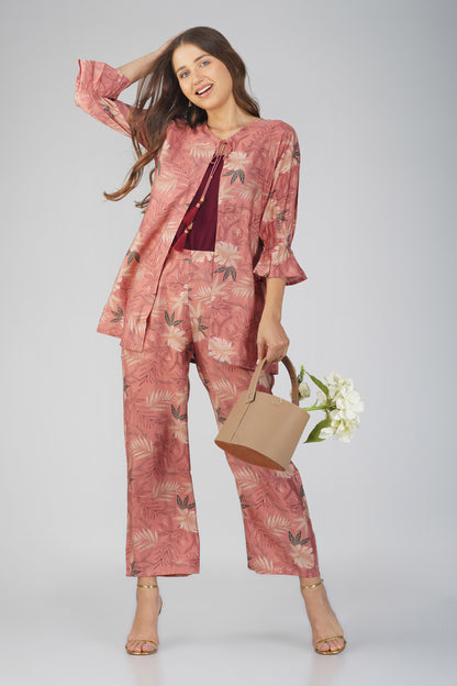 Meher Co-ord Set – Peach Printed Jacket, Maroon Spaghetti Top & Printed Pants (3-Piece Set)