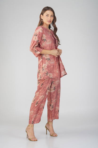 Meher Co-ord Set – Peach Printed Jacket, Maroon Spaghetti Top & Printed Pants (3-Piece Set)