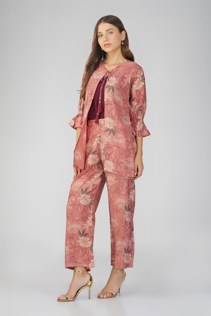 Meher Co-ord Set – Peach Printed Jacket, Maroon Spaghetti Top & Printed Pants (3-Piece Set)