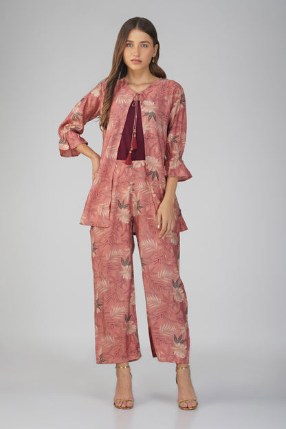 Meher Co-ord Set – Peach Printed Jacket, Maroon Spaghetti Top & Printed Pants (3-Piece Set)