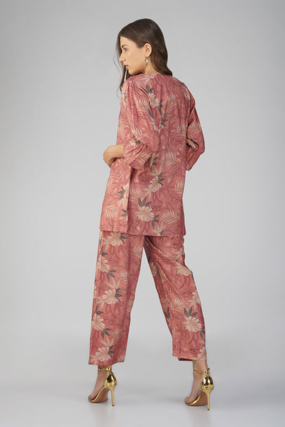 Meher Co-ord Set – Peach Printed Jacket, Maroon Spaghetti Top & Printed Pants (3-Piece Set)
