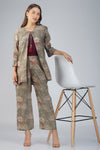 Meher Co-ord Set – Olive Green Printed Jacket, Maroon Spaghetti Top & Printed Pants (3-Piece Set)
