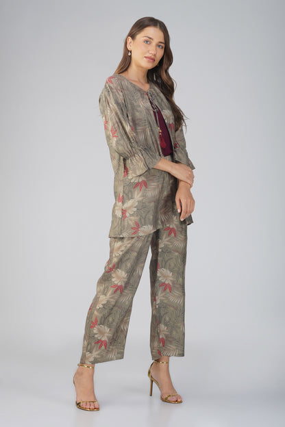 Meher Co-ord Set – Olive Green Printed Jacket, Maroon Spaghetti Top & Printed Pants (3-Piece Set)