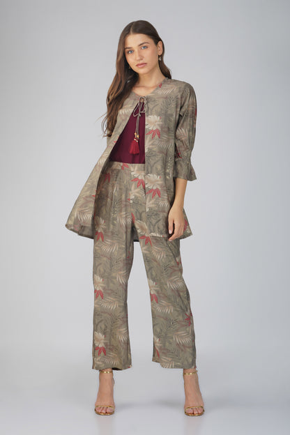 Meher Co-ord Set – Olive Green Printed Jacket, Maroon Spaghetti Top & Printed Pants (3-Piece Set)