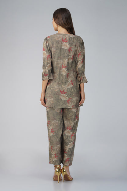 Meher Co-ord Set – Olive Green Printed Jacket, Maroon Spaghetti Top & Printed Pants (3-Piece Set)