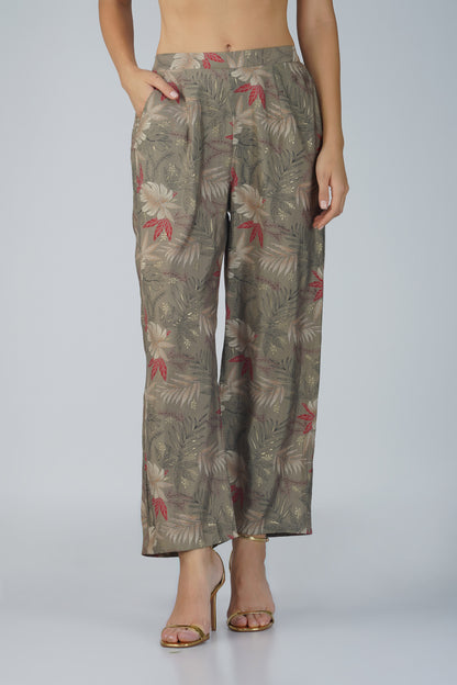 Meher Co-ord Set – Olive Green Printed Jacket, Maroon Spaghetti Top & Printed Pants (3-Piece Set)