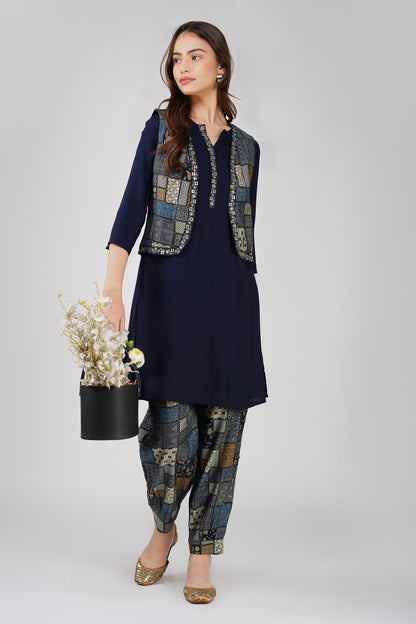 Afreen Afghani Set – Navy Kurta, Printed Dhoti Pants & Embellished Vest (3-Piece Set)