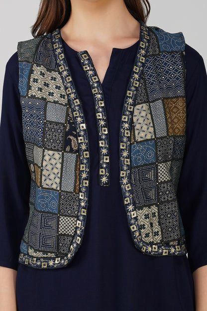 Afreen Afghani Set – Navy Kurta, Printed Dhoti Pants & Embellished Vest (3-Piece Set)