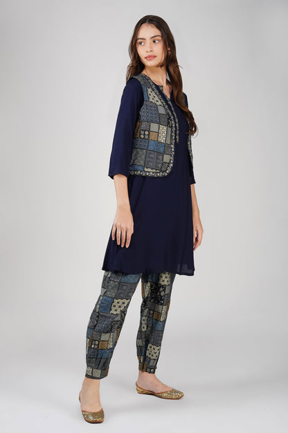 Afreen Afghani Set – Navy Kurta, Printed Dhoti Pants & Embellished Vest (3-Piece Set)