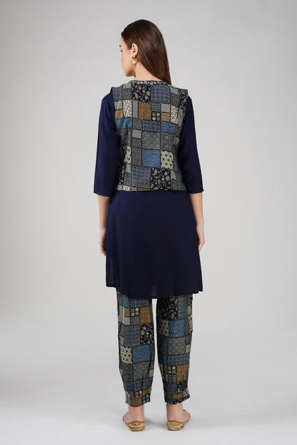 Afreen Afghani Set – Navy Kurta, Printed Dhoti Pants & Embellished Vest (3-Piece Set)