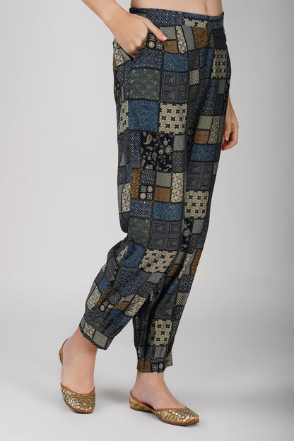 Afreen Afghani Set – Navy Kurta, Printed Dhoti Pants & Embellished Vest (3-Piece Set)