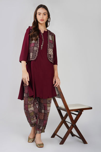 Afreen Afghani Set – Maroon Kurta, Printed Dhoti Pants & Embellished Vest (3-Piece Set)