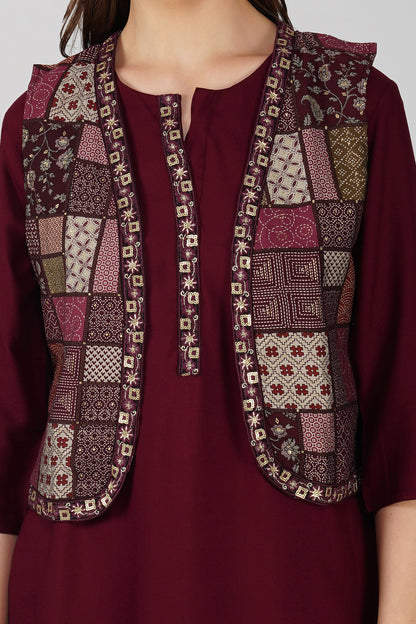 Afreen Afghani Set – Maroon Kurta, Printed Dhoti Pants & Embellished Vest (3-Piece Set)