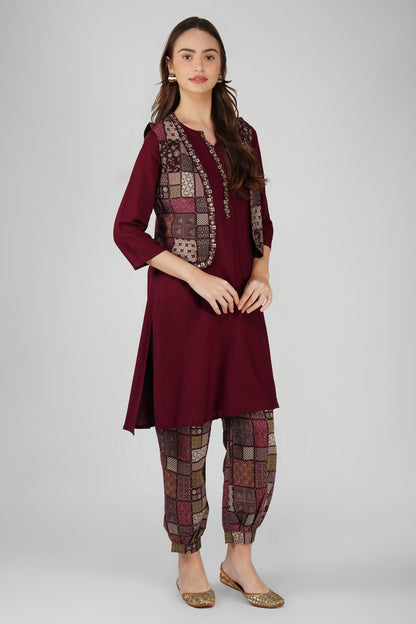 Afreen Afghani Set – Maroon Kurta, Printed Dhoti Pants & Embellished Vest (3-Piece Set)