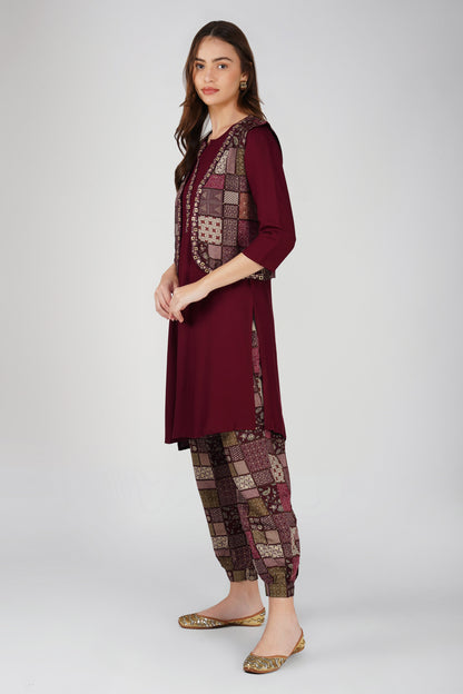 Afreen Afghani Set – Maroon Kurta, Printed Dhoti Pants & Embellished Vest (3-Piece Set)