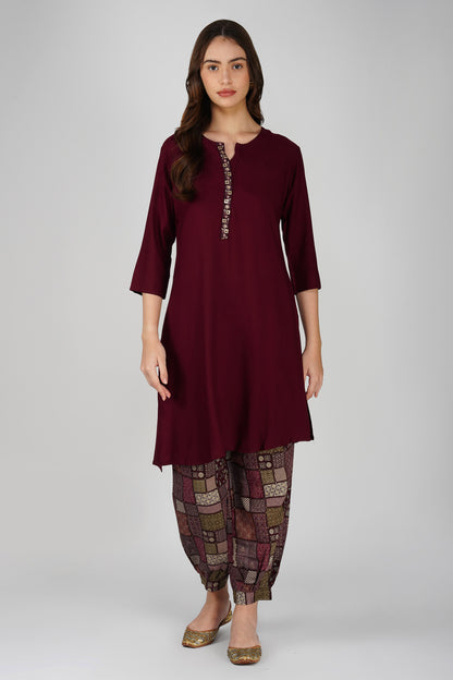 Afreen Afghani Set – Maroon Kurta, Printed Dhoti Pants & Embellished Vest (3-Piece Set)