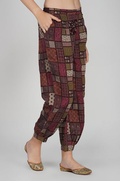 Afreen Afghani Set – Maroon Kurta, Printed Dhoti Pants & Embellished Vest (3-Piece Set)