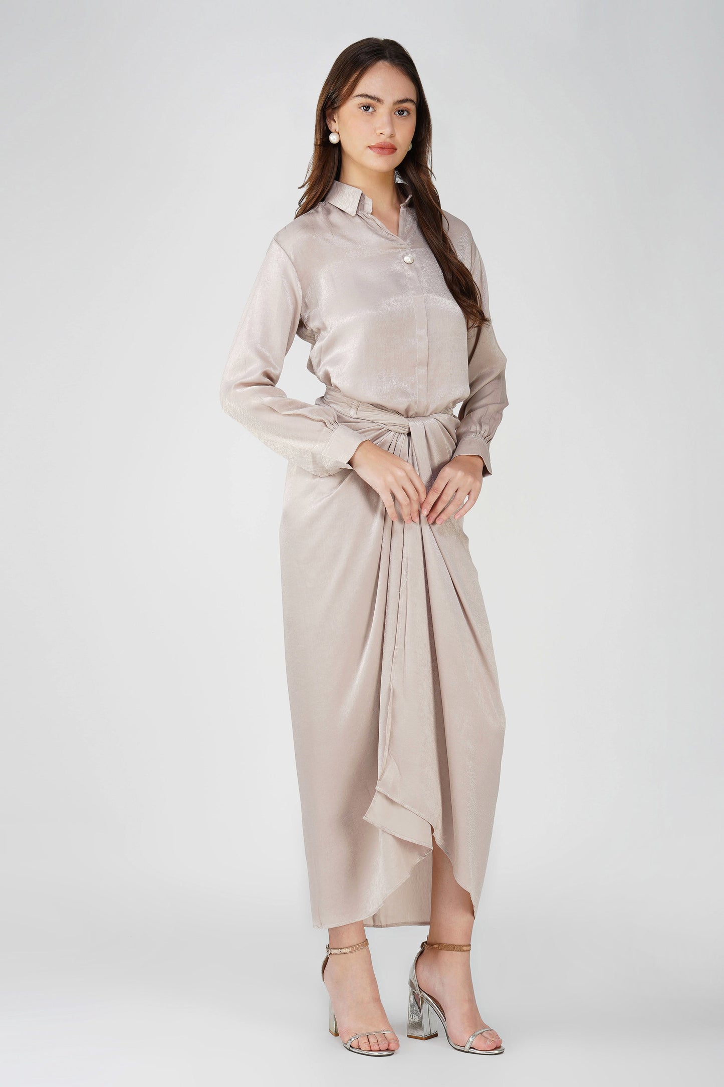 Silk Drape Shirt Skirt Set Cream