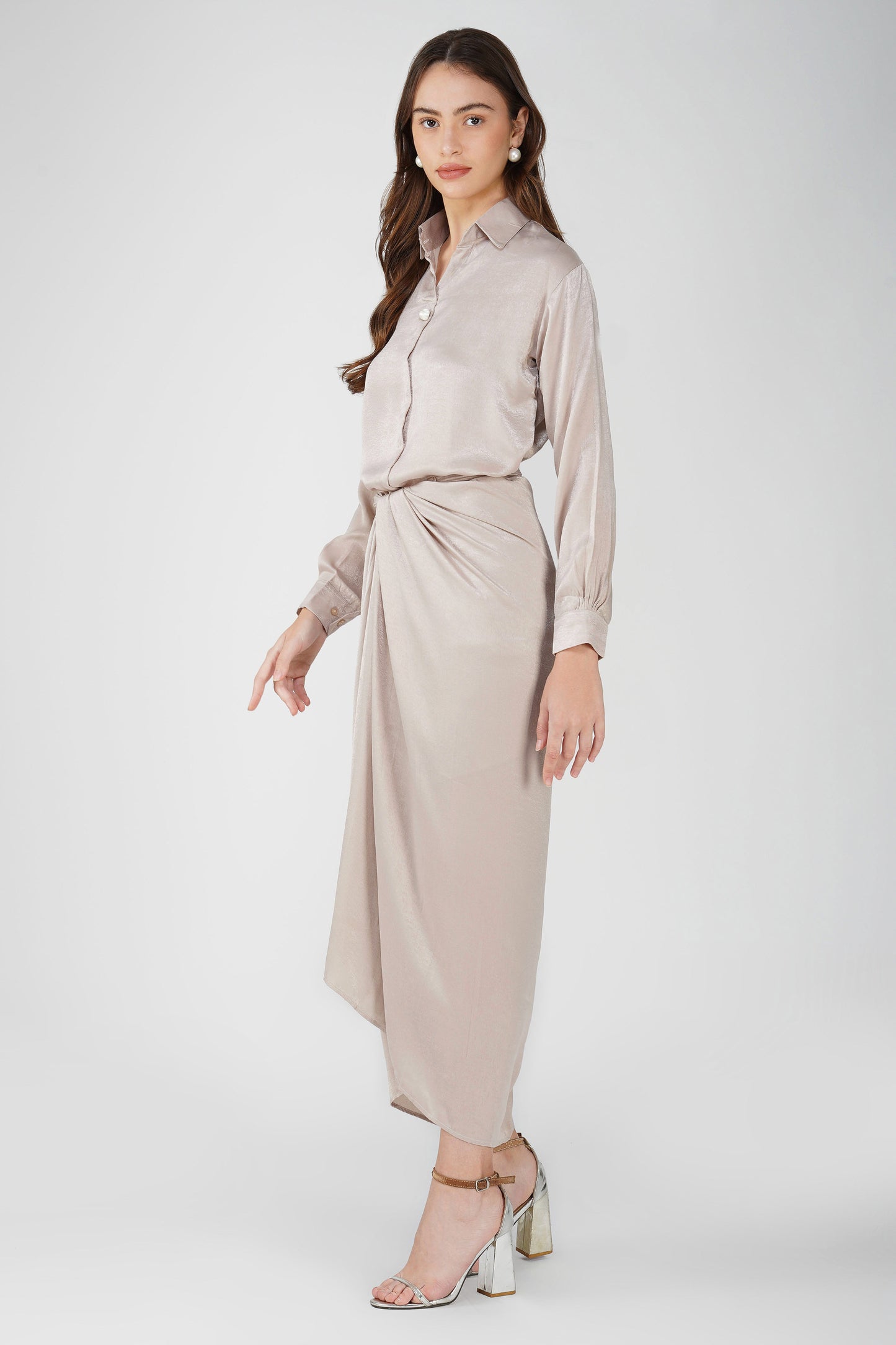 Silk Drape Shirt Skirt Set Cream