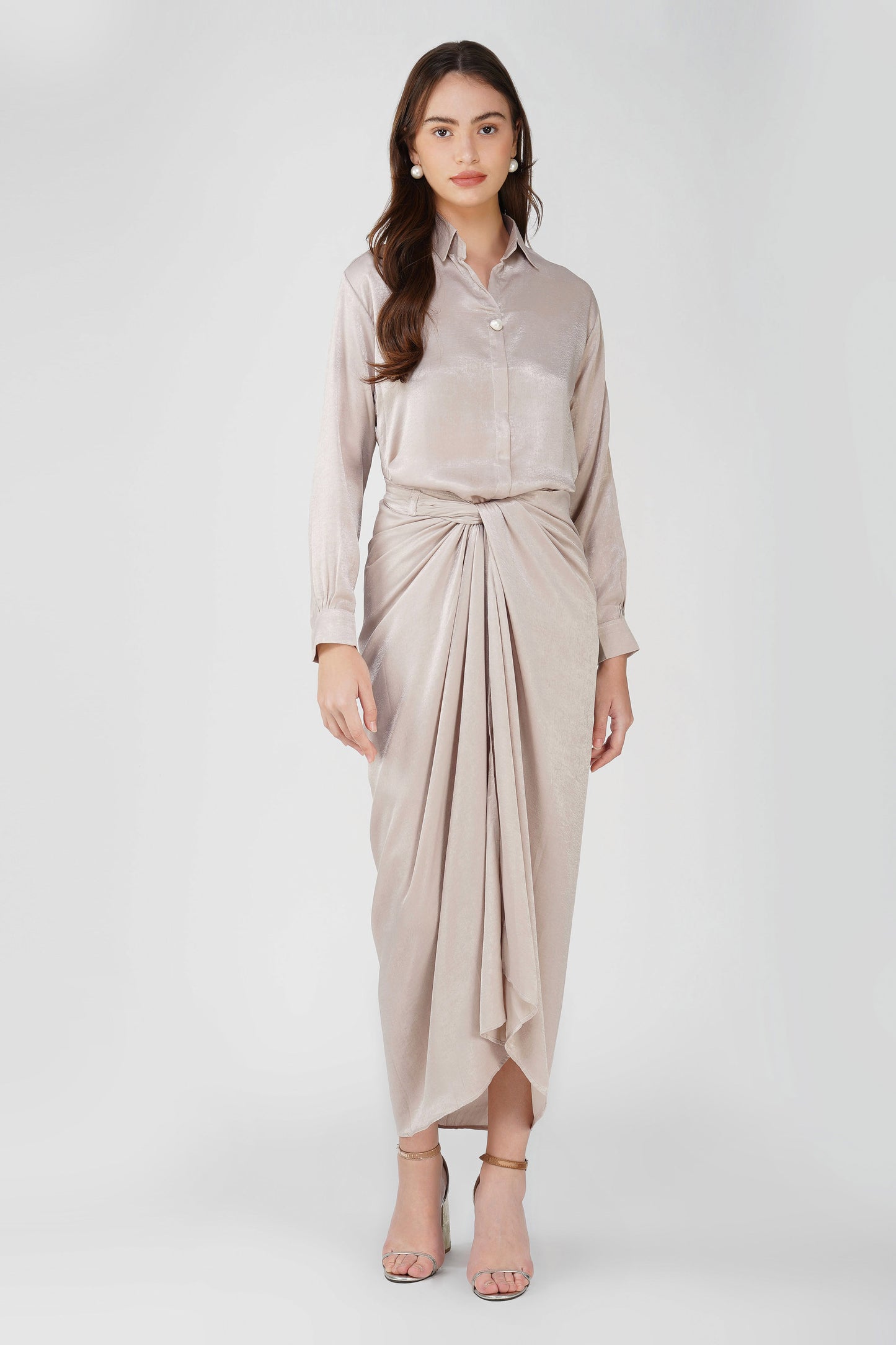 Silk Drape Shirt Skirt Set Cream