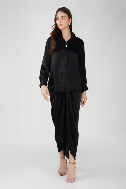 Nura Drape Skirt Co-ord – Black Velvet-Finish Satin Shirt, Wrap Skirt & Lining (3-Piece Set)