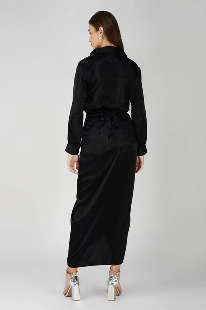 Nura Drape Skirt Co-ord – Black Velvet-Finish Satin Shirt, Wrap Skirt & Lining (3-Piece Set)