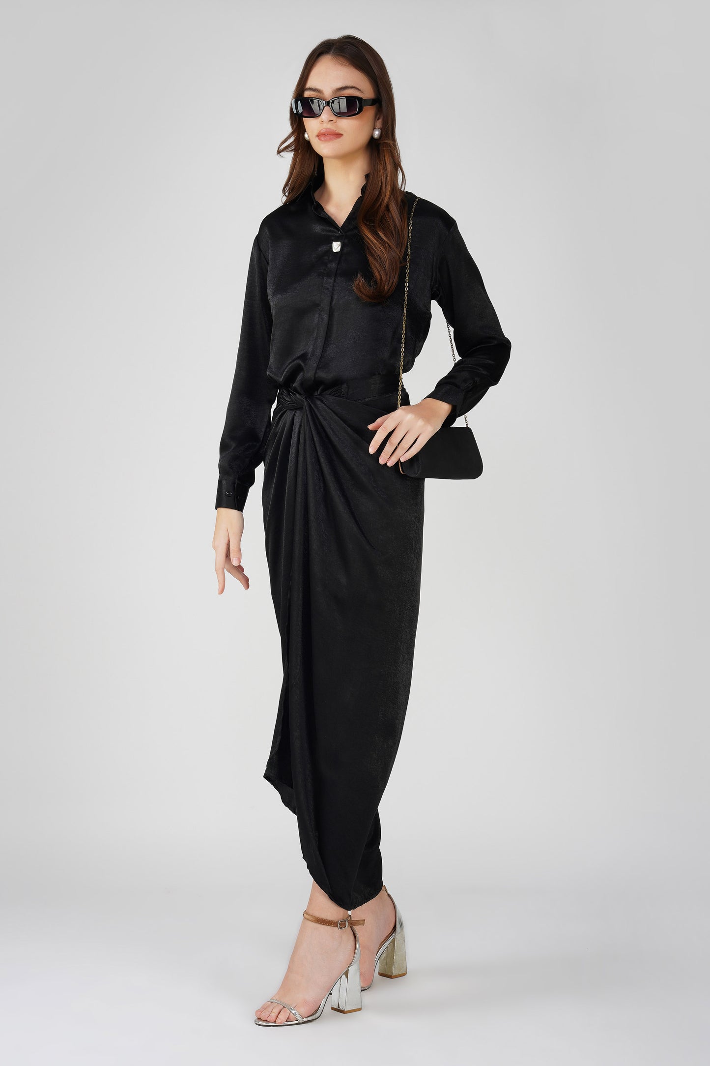 Silk Drape Shirt Skirt Set Black