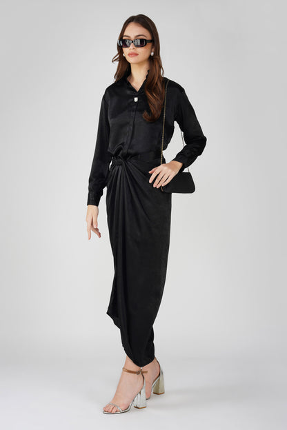 Nura Drape Skirt Co-ord – Black Velvet-Finish Satin Shirt, Wrap Skirt & Lining (3-Piece Set)