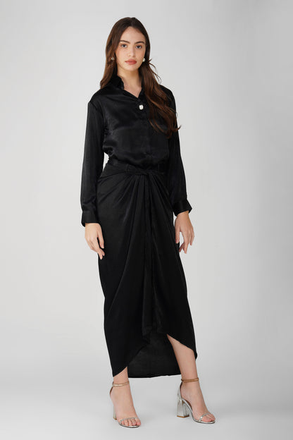 Nura Drape Skirt Co-ord – Black Velvet-Finish Satin Shirt, Wrap Skirt & Lining (3-Piece Set)