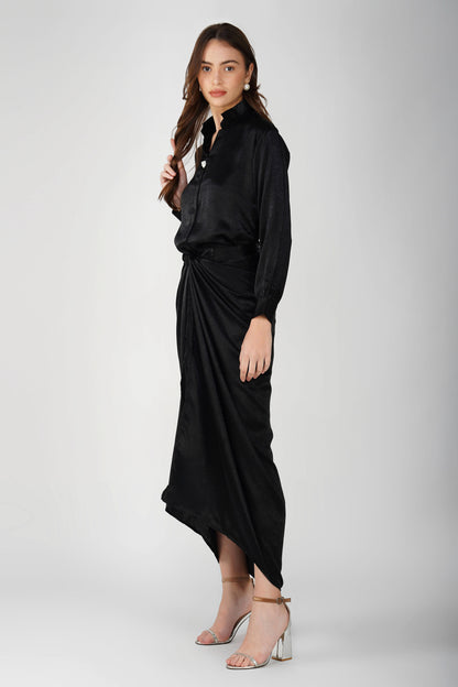 Nura Drape Skirt Co-ord – Black Velvet-Finish Satin Shirt, Wrap Skirt & Lining (3-Piece Set)